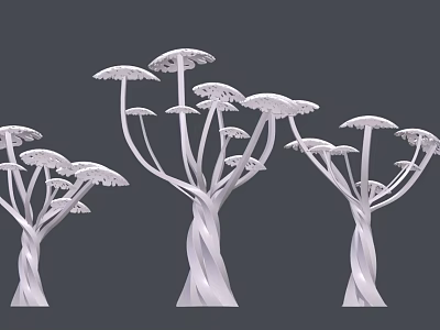 White Sculptural Trees With Twisted Trunks And Umbrella Like Canopies Design 3d model
