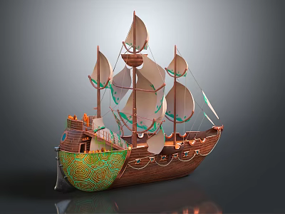 Vintage Wooden Sailboat Model With Multiple White Sails And Green Decorative Patterns 3d model
