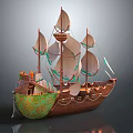 Vintage Wooden Sailboat Model With Multiple White Sails And Green Decorative Patterns