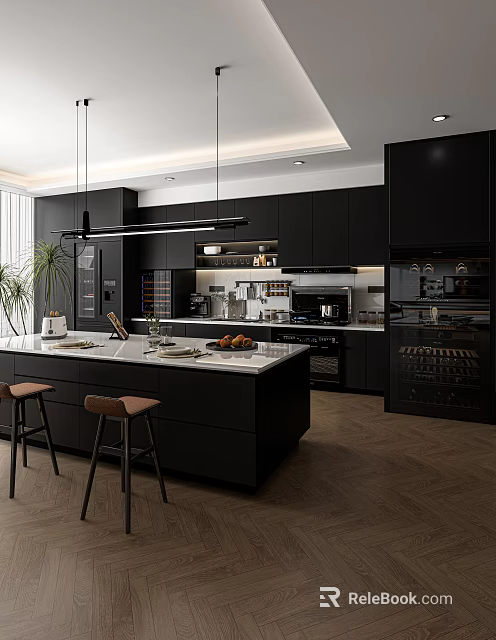 Modern Black Kitchen Interior Design With Marble Island Counter And Bar Stools 3d model 