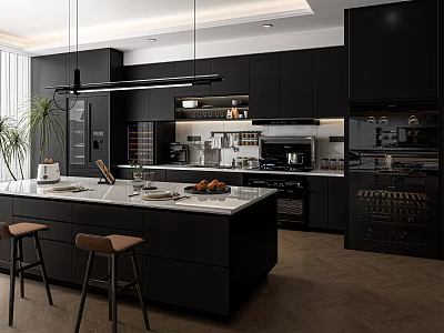 Modern Black Kitchen Interior Design With Marble Island Counter And Bar Stools 3d model
