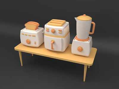 Stylish Kitchen Appliances Displayed On Wooden Table With Toaster And Blender 3d model
