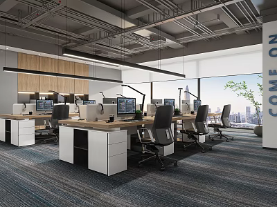 Modern Public Office Space Interior Design With Desks Computers Chairs And Large Windows 3d model