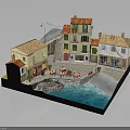 Mediterranean Building Model With Orange Roofs Balconies Street Lamp And Waterfront Outdoor Seating