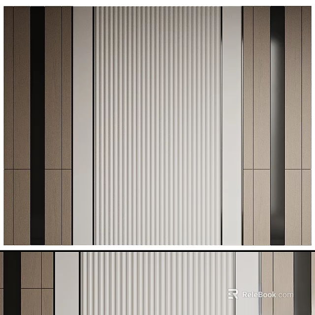 Modern Interior Wall Decor With Vertical Striped Wooden Panels And Metal Frames 3d model 
