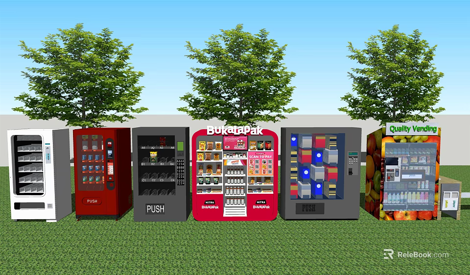 Colorful Commercial Vending Machines In Outdoor Area With Trees And Grass 3d model 