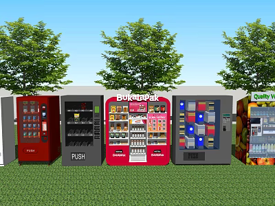 Colorful Commercial Vending Machines In Outdoor Area With Trees And Grass 3d model