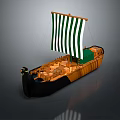 Vintage Wooden Sailing Ship With Green White Striped Sail Brown Black Hull Cargo Boxes