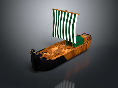 Vintage Wooden Sailing Ship With Green White Striped Sail Brown Black Hull Cargo Boxes 3d model