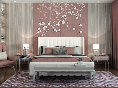 Elegant Modern Double Bed Interior With Pink Wall Headboard Nightstands And Lamps 3d model