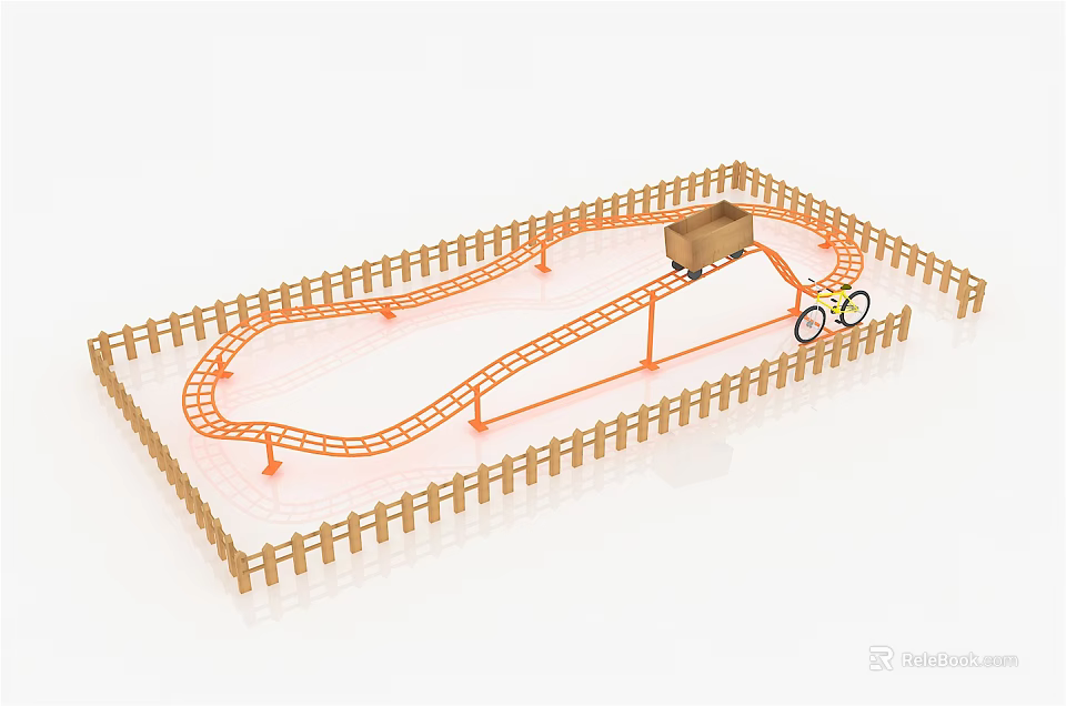 Small Track Amusement Rides with Wooden Fence Enclosed Orange Track Cart and Bicycle Shaped Elements 3d model 