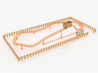 Small Track Amusement Rides with Wooden Fence Enclosed Orange Track Cart and Bicycle Shaped Elements 3d model