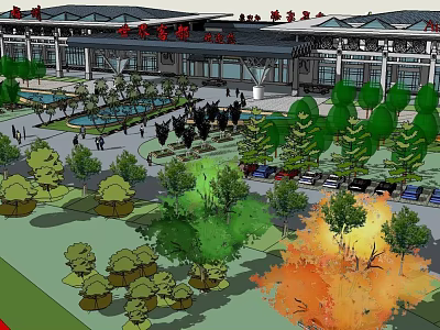 Modern Airport Terminal Exterior With Open Square Greenery And Parking Lot 3d model