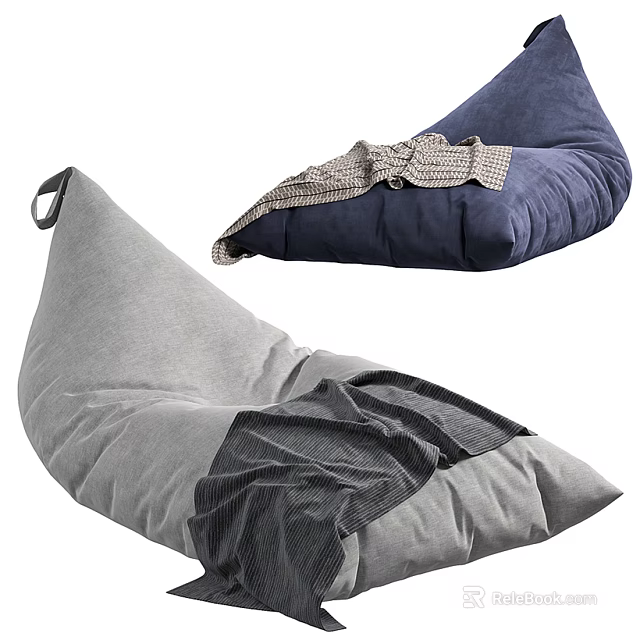 Gray and Navy Blue Bean Bag Chairs with Soft Fabric and Cozy Throw Blanket 3d model 