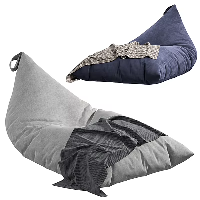 Gray and Navy Blue Bean Bag Chairs with Soft Fabric and Cozy Throw Blanket 3d model