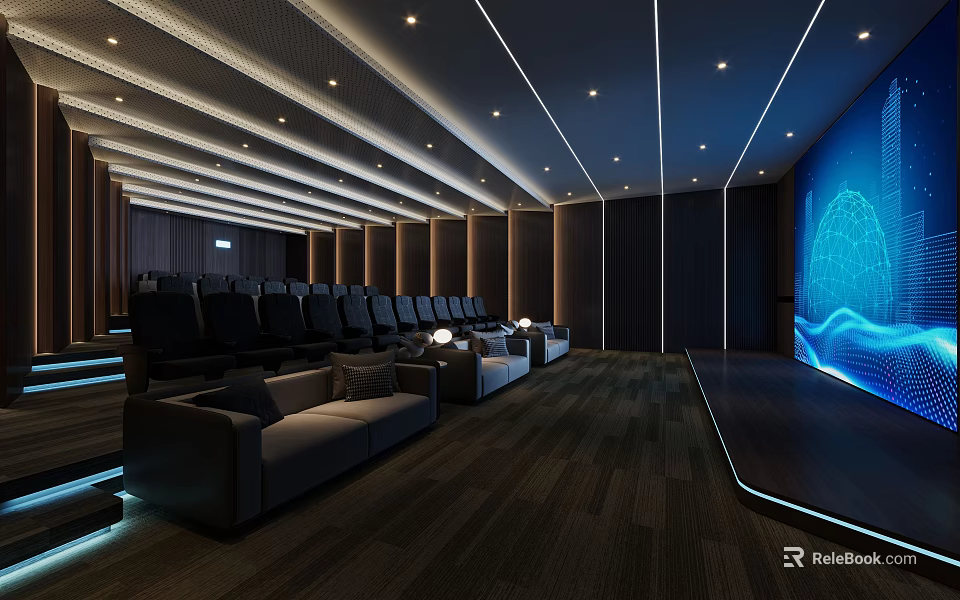 Modern Luxury Cinema Interior With Comfortable Seats Large Screen And Ambient Lighting 3d model 