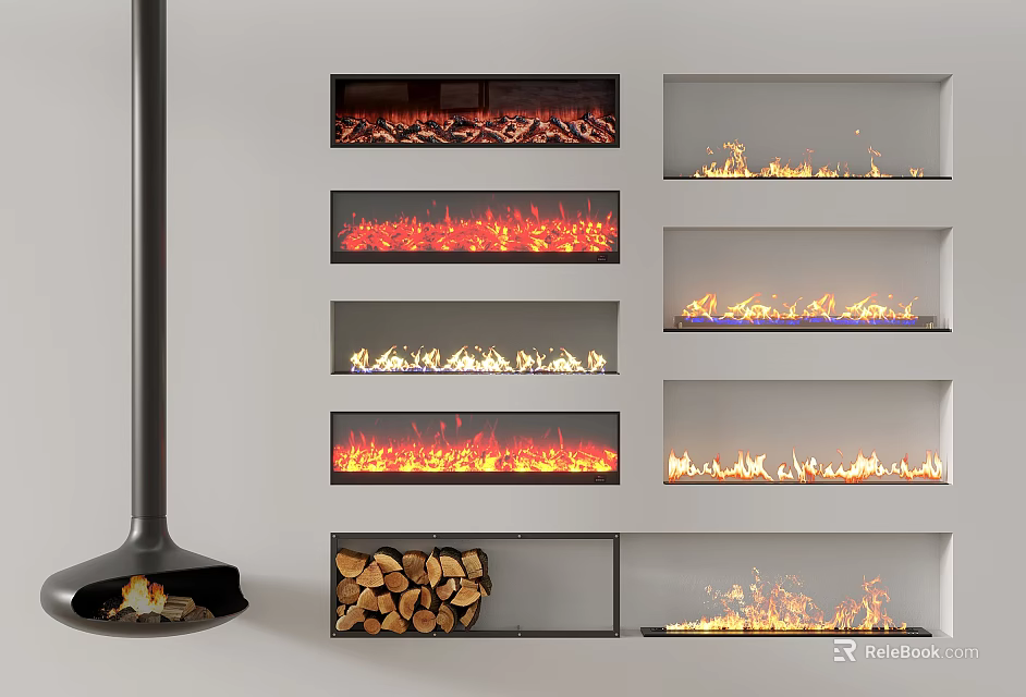 Various Built in Fireplace Designs With Diverse Flame Effects And Firewood Stack 3d model 