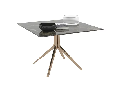 Square Coffee Table With Marble Top Metal Legs Black Bowl Remote Control Clear Glass Bowl 3d model