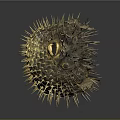 3D Rendered Yellow And Black Pufferfish With Sharp Spines On Dark Background