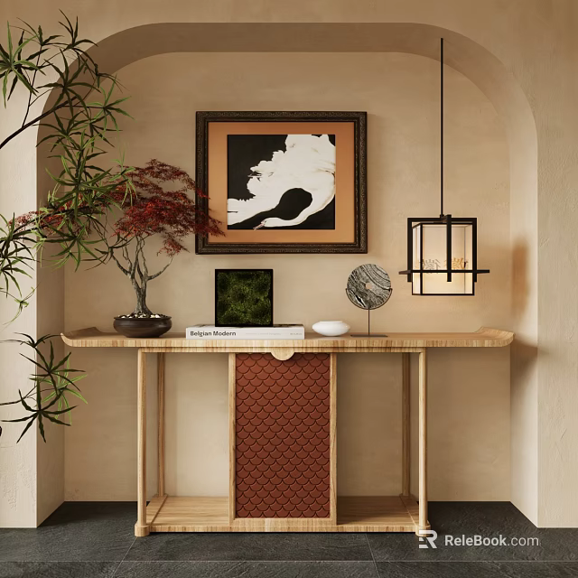 Chinese Style Console Table With Lantern Pendant Light Ink Painting Bamboo And Red Maple Leaves 3d model 