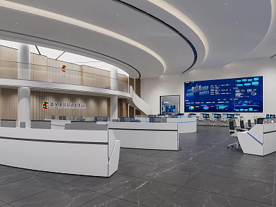 Modern Control Room Equipped with Large Monitor Screens Multiple Workstations and Technical Consoles 3d model