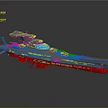 Futuristic Sci Fi Warship Model with Gray Hull Red Bottom Blue Cockpit and Sleek Design
