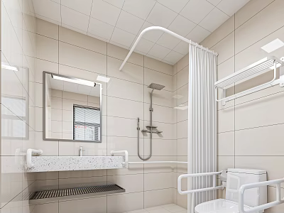 Accessible Public Restroom With Grab Bars Tiled Walls And Fixtures 3d model