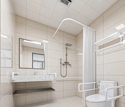Accessible Public Restroom With Grab Bars Tiled Walls And Fixtures 3d model