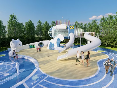 Fun Kids Play Area With Large White Slides Water Play Features Sand Pit And Green Trees 3d model