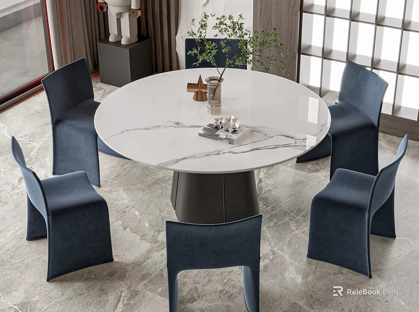 Modern Round Dining Table Set with White Marble Top Black Metal Base and Blue Chairs 3d model 