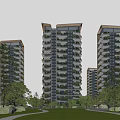 Modern High Rise Residential Buildings With Green Plants on Balconies and Trees Around