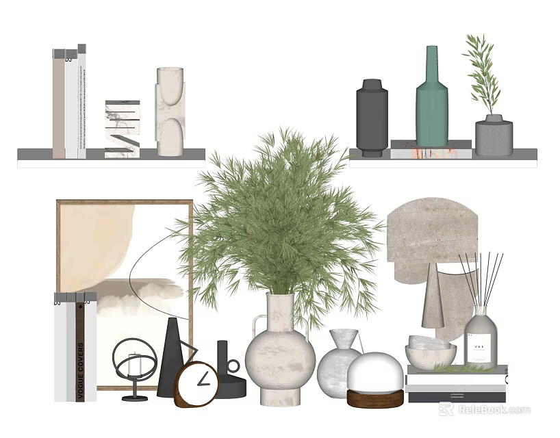 Modern Decorative Ornament Sets with Vases Greenery Clocks and Shelf Displays 3d model 