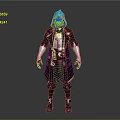 Game Movie Character Design With Blue Red Hood Black Coat White Sleeves And Purple Accessory