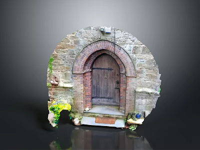 Architectural Arched Stone Door With Wooden Frame Stone Walls And Yellow Flowers Potted Plants 3d model