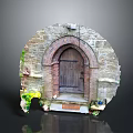 Architectural Arched Stone Door With Wooden Frame Stone Walls And Yellow Flowers Potted Plants