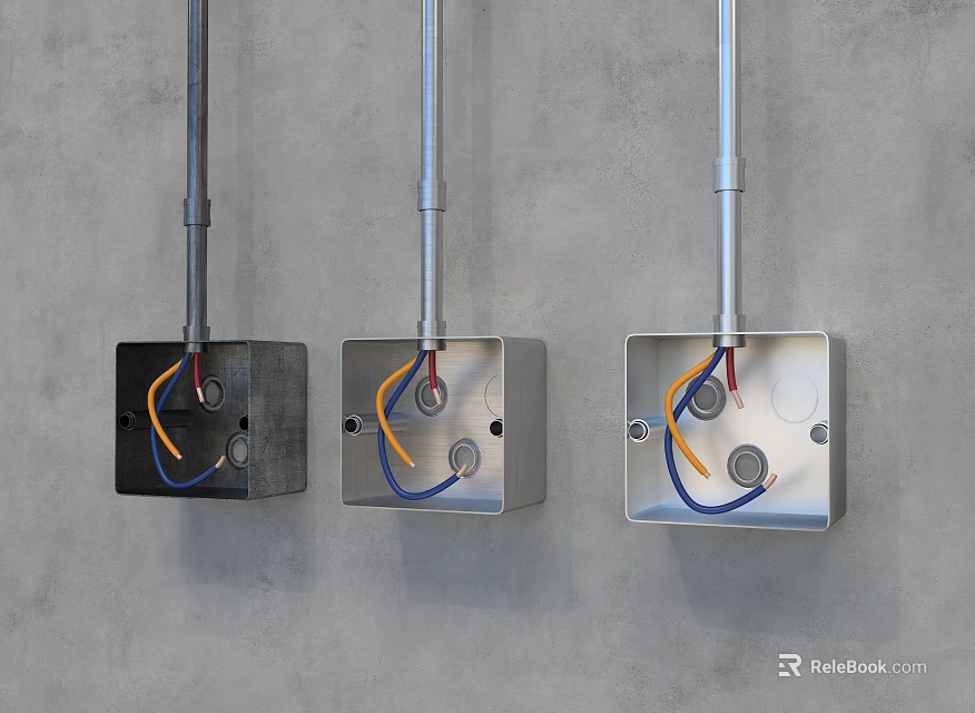 Switch Panels Black and Silver with Yellow and Blue Wires Mounted on Grey Wall 3d model 