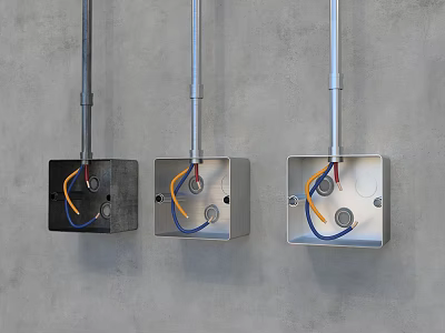 Switch Panels Black and Silver with Yellow and Blue Wires Mounted on Grey Wall 3d model