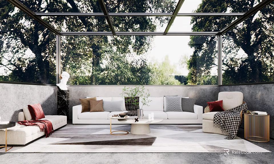 Elegant Villa Balcony Design With Glass Roof Sofa Plants And Natural View 3d model 