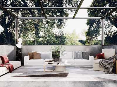 Elegant Villa Balcony Design With Glass Roof Sofa Plants And Natural View 3d model