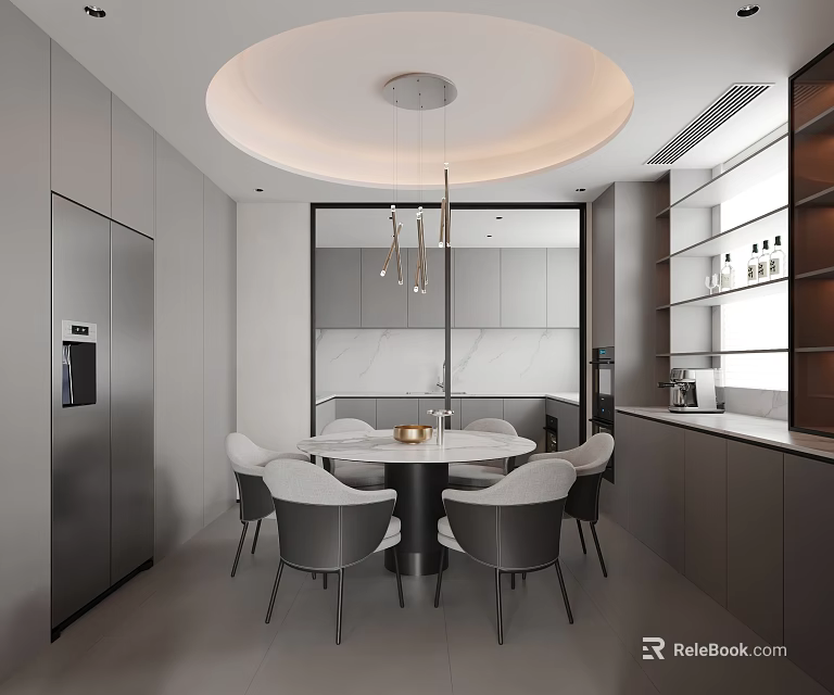 Modern Restaurant Interior With Round Dining Table Gray Chairs Circular Ceiling And Cabinets 3d model