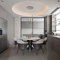 Modern Restaurant Interior With Round Dining Table Gray Chairs Circular Ceiling And Cabinets 3d model
