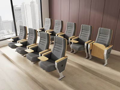 Gray Single Sofa With Wooden Armrests Metal Frames And City View Through Large Windows 3d model