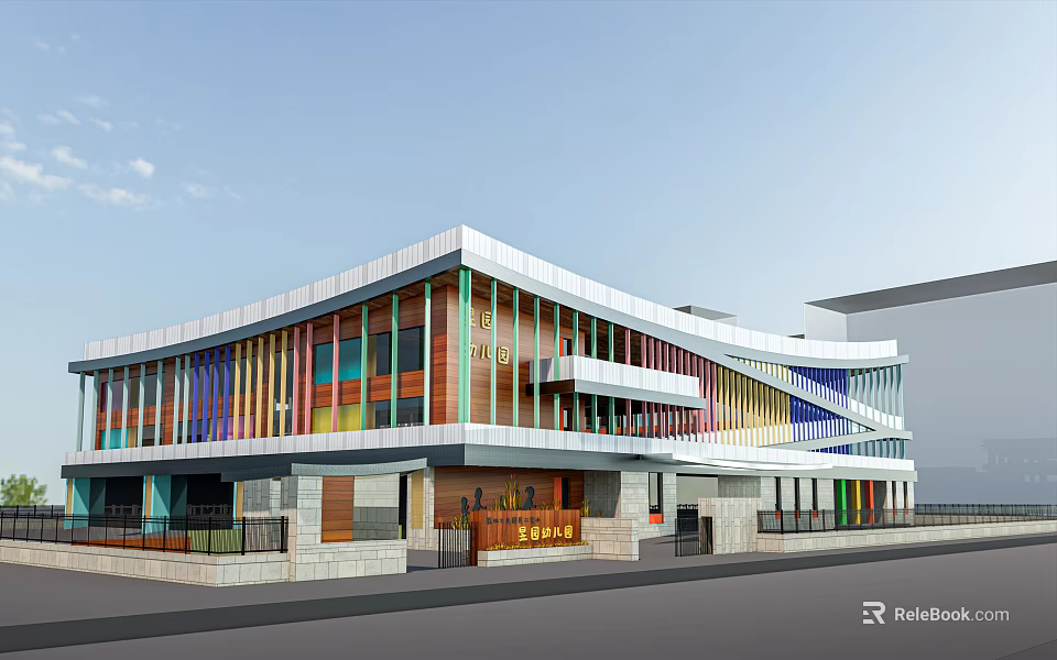 Modern School Building With Colorful Glass Windows White Roof And Multi Story Sleek Exterior Design 3d model 