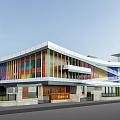 Modern School Building With Colorful Glass Windows White Roof And Multi Story Sleek Exterior Design