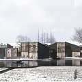 Modern Guesthouse Architecture In Snowy Landscape With Water Pool And Open Field