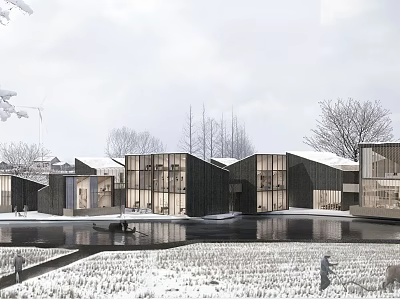 Modern Guesthouse Architecture In Snowy Landscape With Water Pool And Open Field 3d model