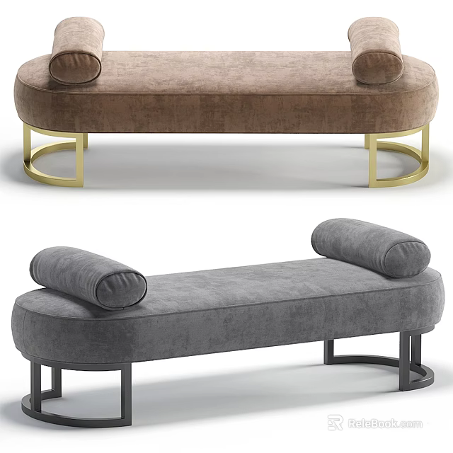 Modern Upholstered Sofa Bench in Brown Gray with Rolled Armrests and Gold Black Metal Legs 3d model 