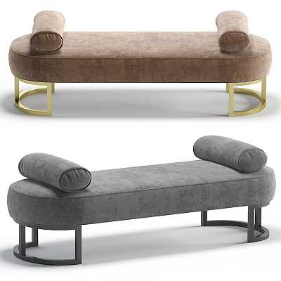 Modern Upholstered Sofa Bench in Brown Gray with Rolled Armrests and Gold Black Metal Legs 3d model