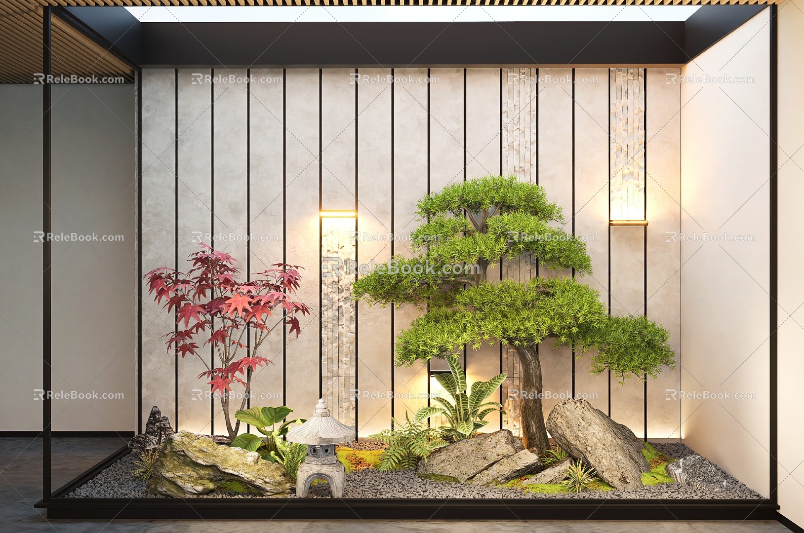 New Chinese-style Indoor Courtyard Setches Landscape Landscaping Pohan Pine Plant Landscape 3d model