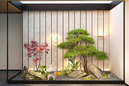 New Chinese-style Indoor Courtyard Setches Landscape Landscaping Pohan Pine Plant Landscape 3d model